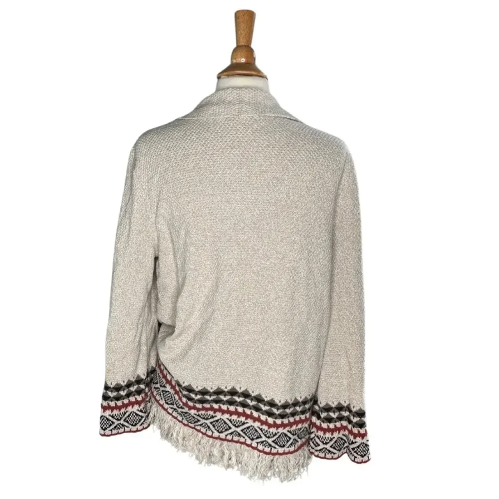 Style & Co Boho Bohemian Western Print Open Front Cardigan Fringe Bottom Detail